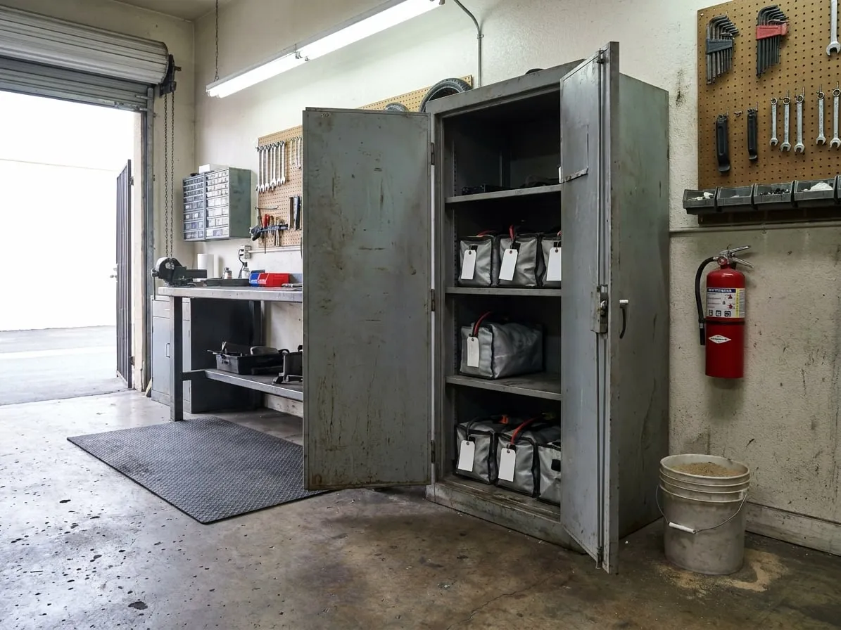 Steel fire-resistant cabinet holding scooter battery packs in fire-resistant bags, with an extinguisher beside it