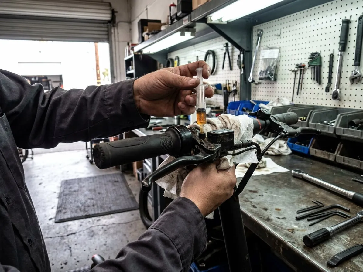 Technician bleeding the hydraulic disc brake lever of an electric scooter with a syringe